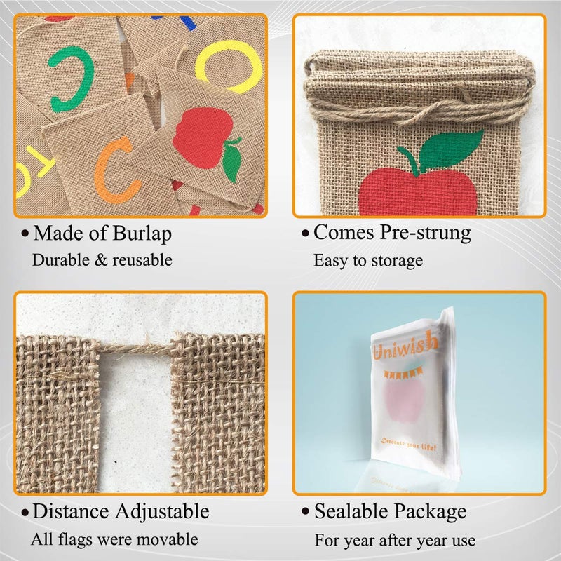Uniwish Back to School Banner Burlap Apple Sign First Day of School Decorations Garland Classroom Blackboard Hanging D  cor - Image 2